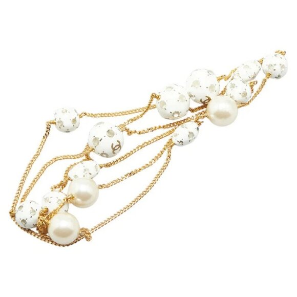 CHANEL CC Logo Rhinestone Pearl White Soccer Ball Necklace 24" Gold Tone 98P - Picture 1 of 5